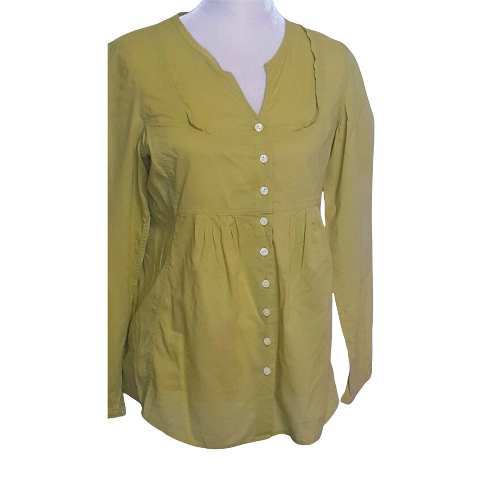 J Jill Women's XS Tunic Top Cotton Long Sleeve Button Front Empire Waist Green